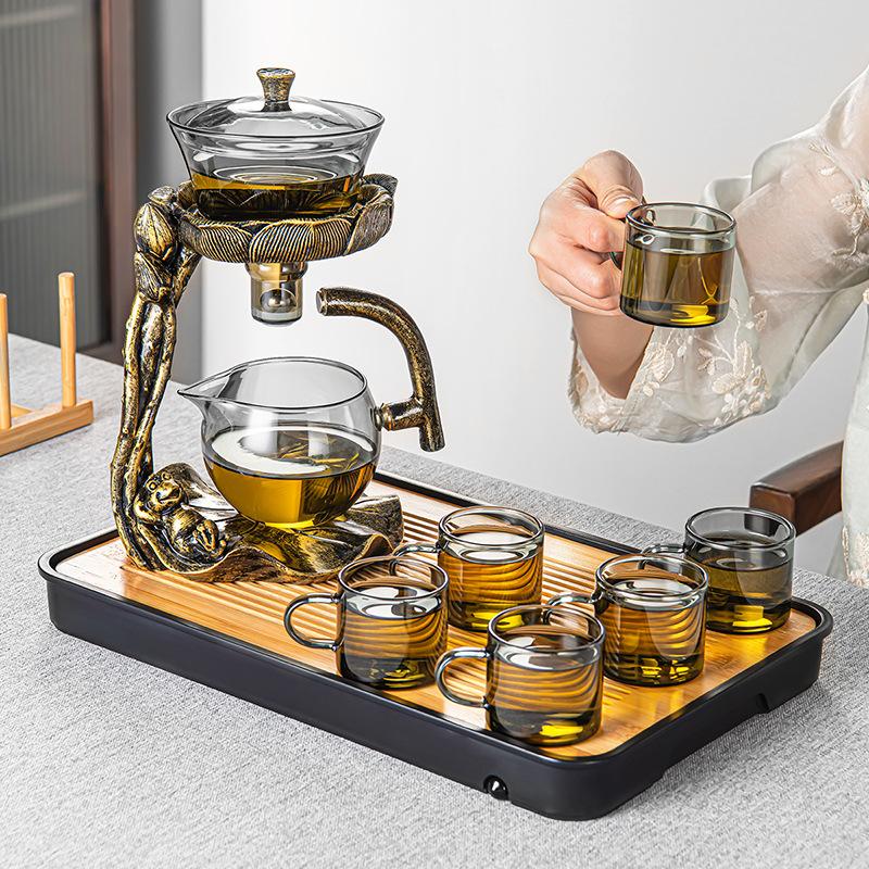 New Chinese Style Glass Lotus Autumn Light Lazy Automatic Teaware Set Business Gift High Borosilicate Glass Tea Maker