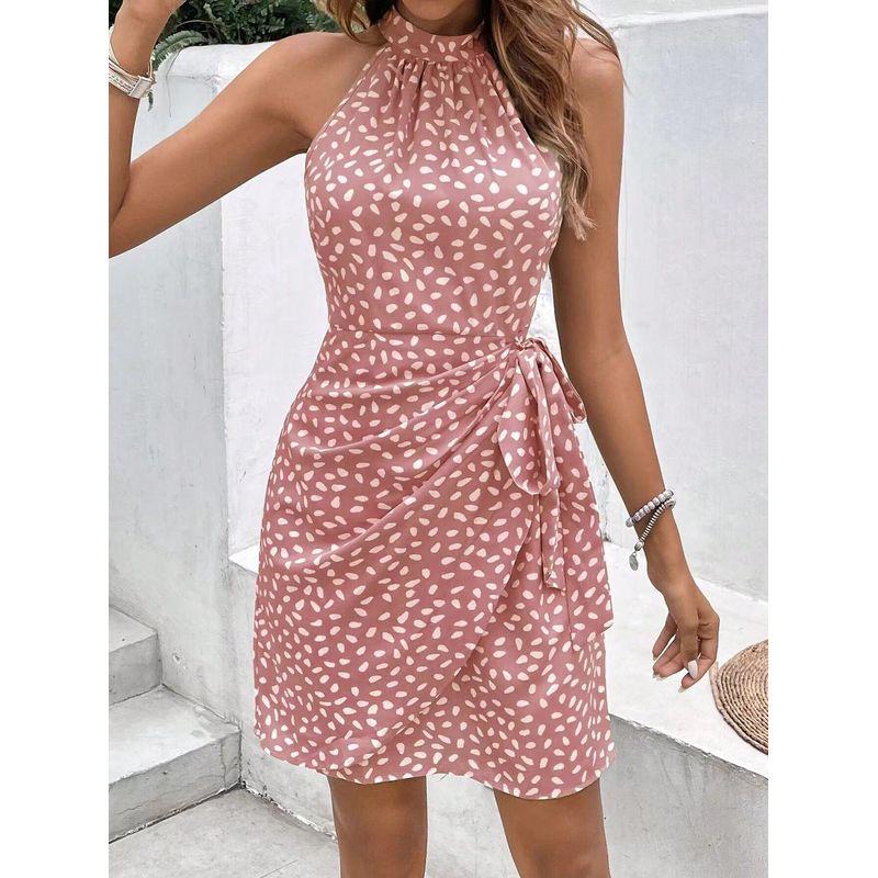 

Small Summer European and American Style Fresh Fashion Halter Dots Print Pleated Lace-up Irregular Sleeveless Dress Summer Pink M