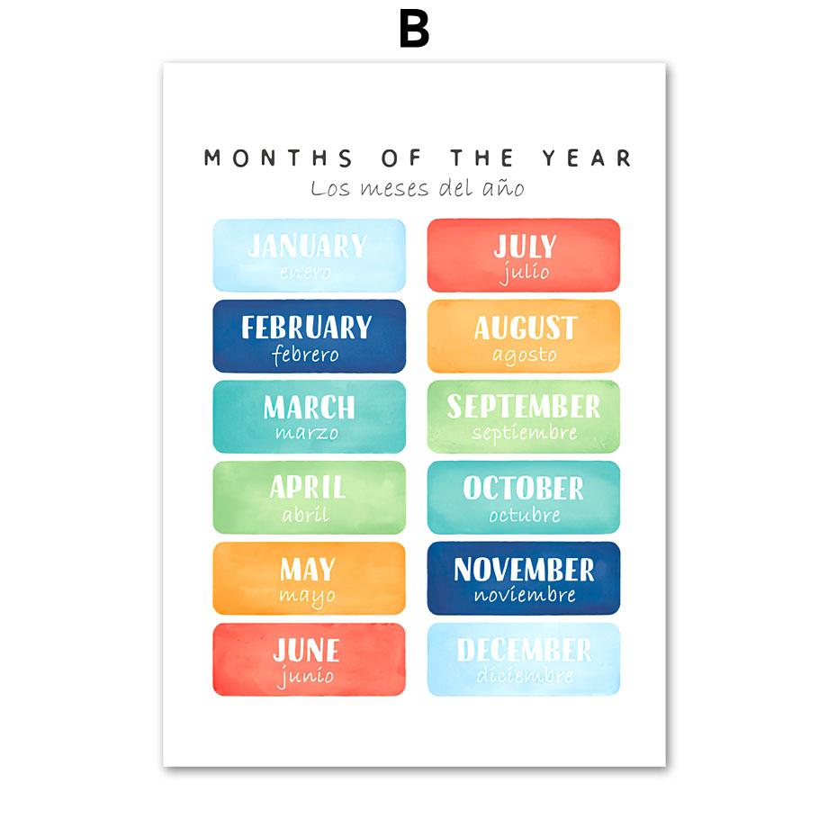 Bilingual Spanish Educational Learning Poster Alphabet Color Wall Art Print Canvas Painting Wall Pictures Baby Kids Room Decor