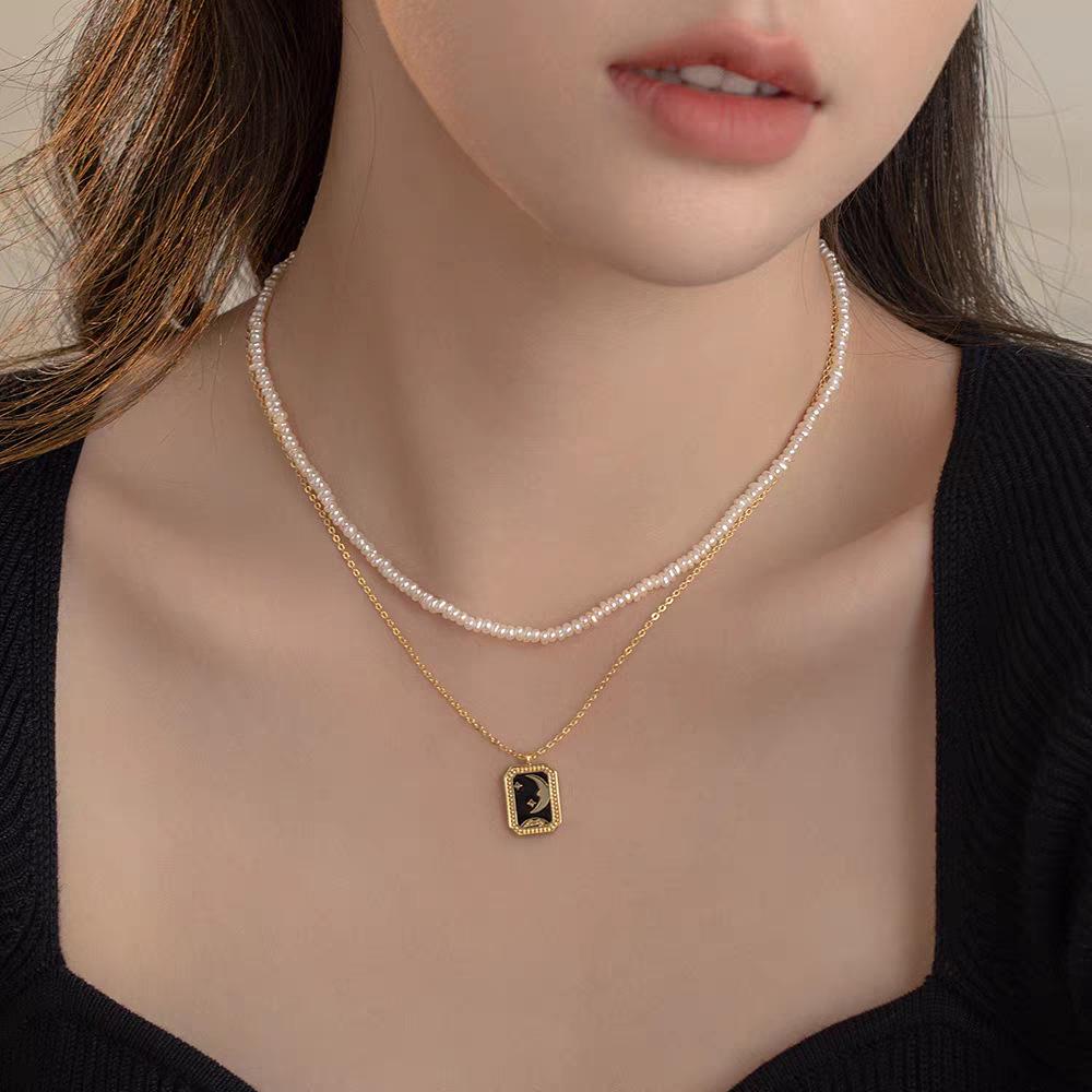 Double-Layered Necklace: 3-4mm Irregular Freshwater Pearls with 14K Gold-Filled Star & Moon, Detachable & Versatile. Star & Moon Necklace Only