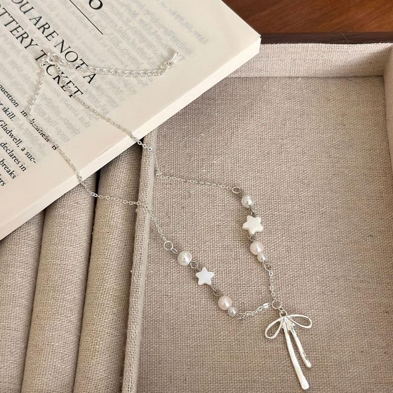 Y2k Bowknot Pendant Necklace for Women Sweet Korean Cute Pearl Star Necklace Aesthetic Jewelry