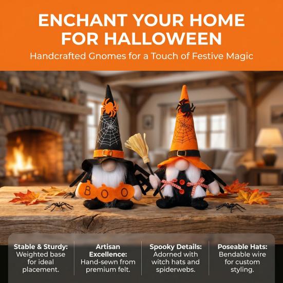 Reusable Festival Tabletop Decor Halloween Gnome Decoration, Spooky Orange Black Spider Web Boo Swedish Tomte Gift for Kids Adults Elf Figurine, Plush