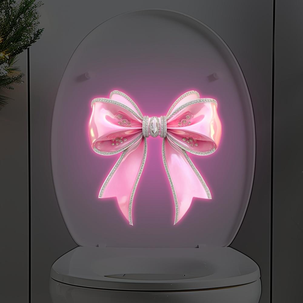 Розовые Наклейки на Унитаз с Бантами, Светящимися в Темноте, Стразами и Люминесцентными Рисунками Pink Bow