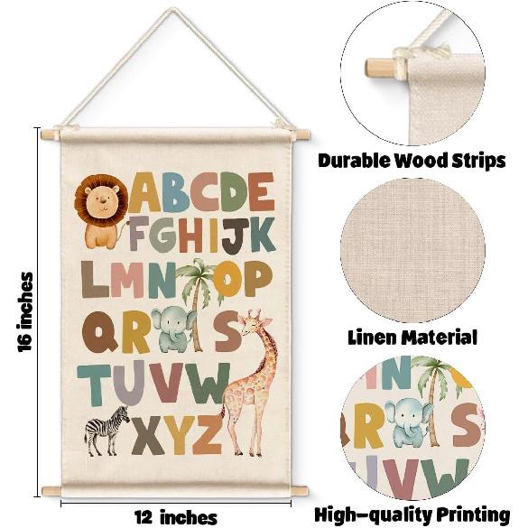XIPLUM ABC Alphabet Poster Hanger Safari Nursery Wall Art Alphabet Artwork for Classroom Wall Decor Safari Jungle ABC Letters Hanging Banner Prints