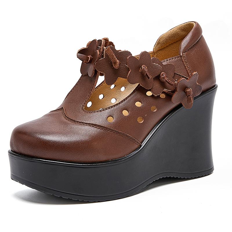 Fashion GKTINOO 2025 Spring Ethnic Style Women Genuine Leather Shoes Flower Wedges Heels Shoes Thick Sole Casual Ladies Platform Shoes