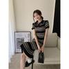 2025 Women's Knitted Striped Polo Dress - Slim Fit, Waist-Slimming, Mid-Length Trend