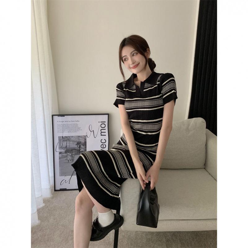 2025 Women's Knitted Striped Polo Dress - Slim Fit, Waist-Slimming, Mid-Length Trend