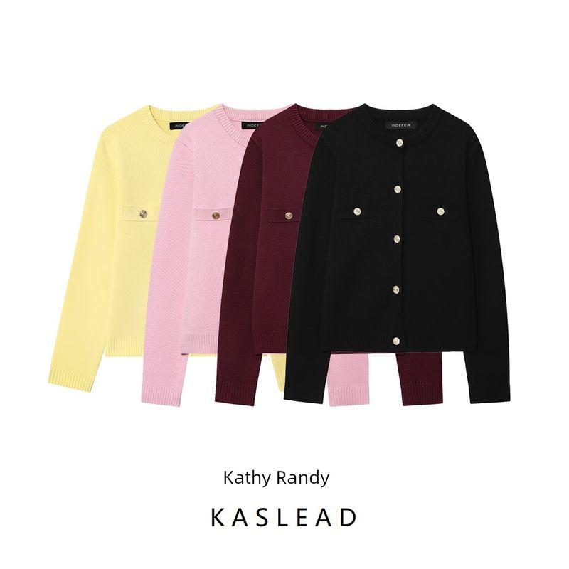 Kaslead New Women Clothes Western Style Fashion Simple and Versatile Gold Decorated Row Button Knitted Outerwear