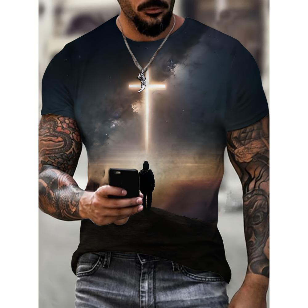 Camiseta Talla Grande para Hombre Camisetas Gráficas de Jesús Camiseta de Cuello Redondo con Estampado de Cruz para Hombre Manga Corta Camiseta de Verano para Hombre Ropa Urbana para Hombre