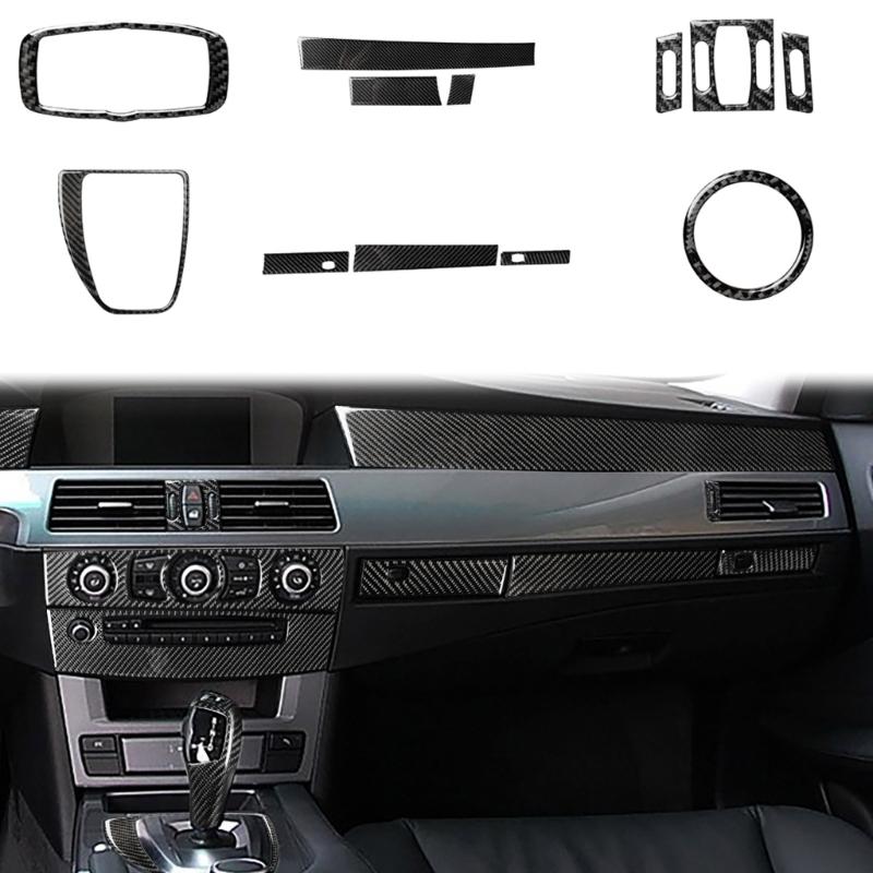 12pcs Carbon Fiber Look Control Gears Panel Protective Cover Molding Trims Frame Decor Sticker Cover Kit for E60 200