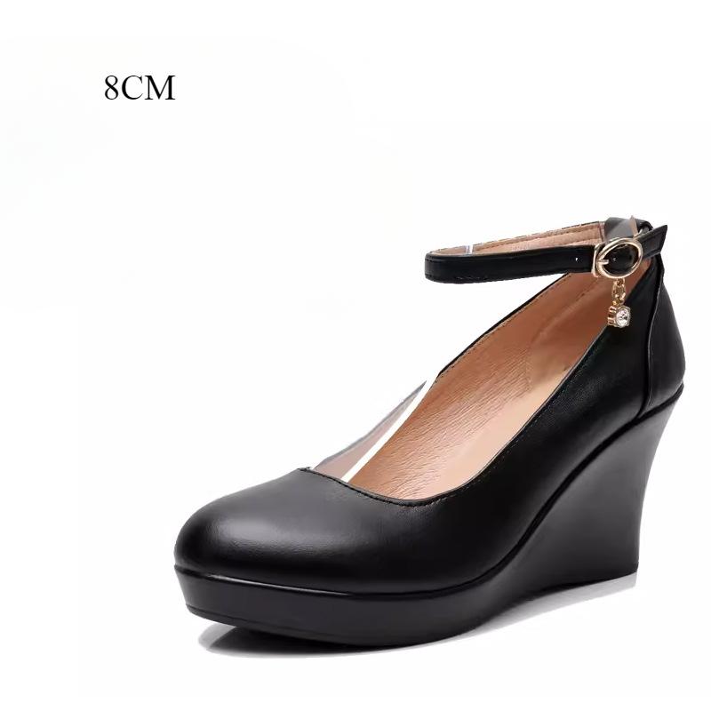 Crystal Queen High Heels Platform Wedge Female Pumps Women's Flock Buckle Bowtie Ankle Strap Wedding Shoes Round Black 8cm 10cm