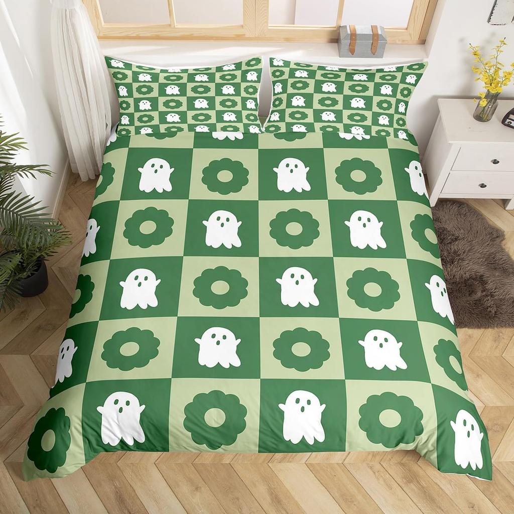 Ghost Duvet Cover Queen King Size Cartoon Cute Ghost Decorative Bedding Set for Kids Girls Teens Happy Halloween 3 Piece Set