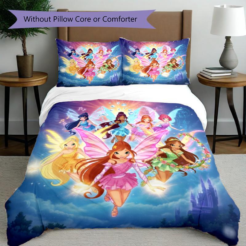 3pcs Duvet Cover Set (1*Duvet Cover + 2*Pillowcase, Without Core), Winx Club Print Bedding Set, Bedroom Decor, All‑Season, Gift