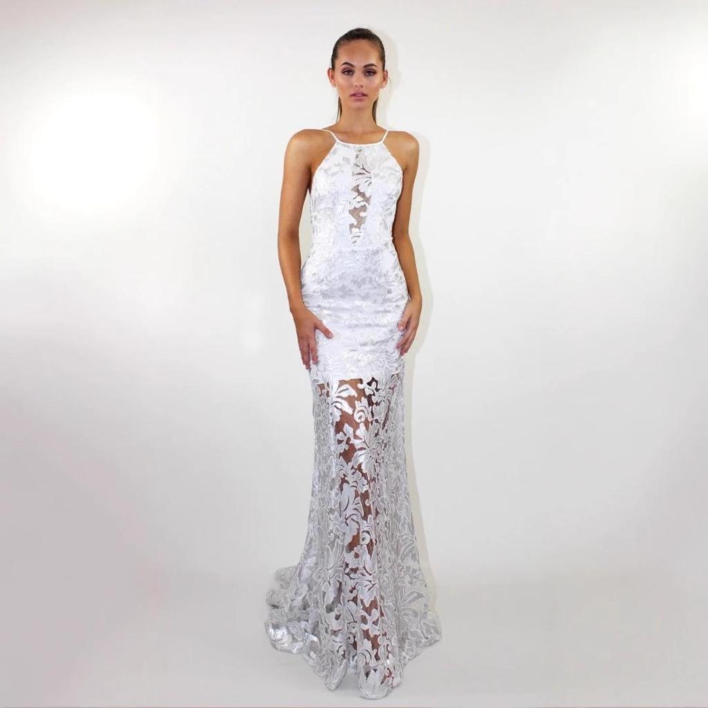 Europäisches & Amerikanisches Sexy Spaghetti-Träger Mesh Stickerei Rückenfreies Abendkleid für Damen