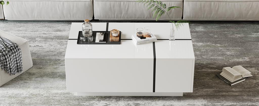 Modern White Square Coffee Table, Patchwork Colors with High-Gloss Look, 100 X 60 X 40 Cm – Four Drawers, Sliding Tabletop, Load Capacity Up To 30 Kg