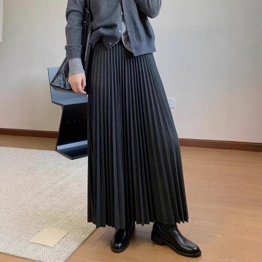 Autumn & Winter High-Waisted Pleated Wool Skirt - Versatile Slimming Mid-Length with Wide Hem.