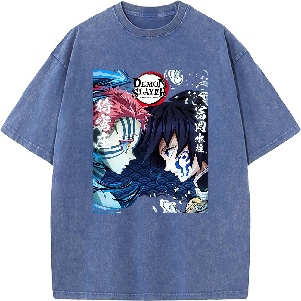 Anime Demon Slayer Tomioka Giyuu Akaza Graphic Tee Men Women Retro Washed T-shirts Cotton Manga T Shirt Harajuku Casual Tshirt