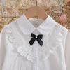 5-12 Years Girls White Lace Blouse Long Sleeve Peter Pan Collar Black Bow Soft Cotton Kids Daily School Shirts