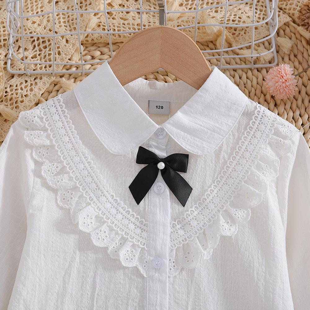 5-12 Years Girls White Lace Blouse Long Sleeve Peter Pan Collar Black Bow Soft Cotton Kids Daily School Shirts