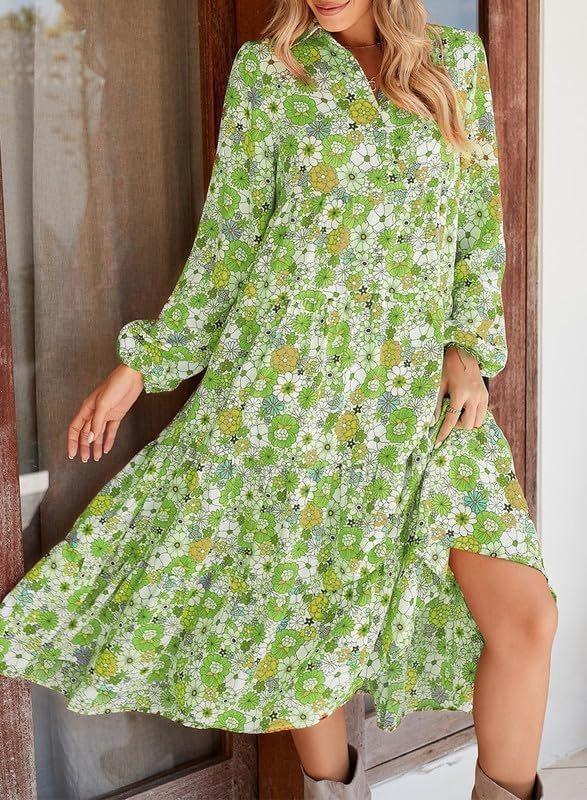 2025 Spring/Summer Amazon new casual loose bohemian floral long-sleeve puff sleeve V-neck dress S светло-зеленый