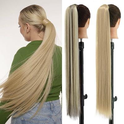 85 cm synthetische lange, gerade Pferdeschwanz-Clip-in-Haarverlängerungen, blond, braun, Wickelhaarteil für Frauen