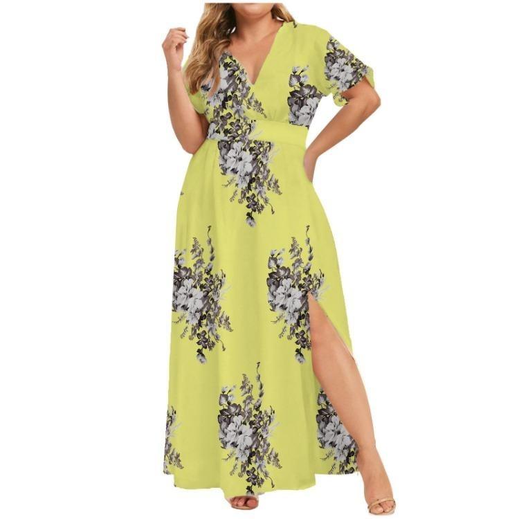 Fashion Summer Dress  Trendy Printed Hem Split Women European American Style Large Size