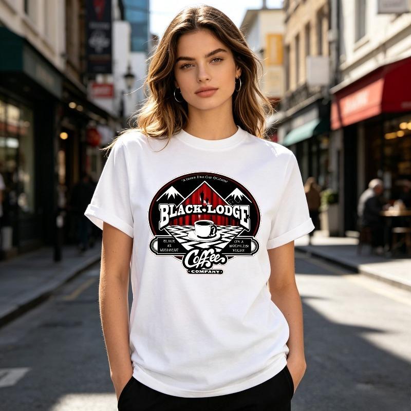 Retro Black Lodge Coffee Print TShirt Twin Peaks Cult TV Show Fan Gift Casual ONeck Short Sleeve Tee Shirt for Unisex and Unisex