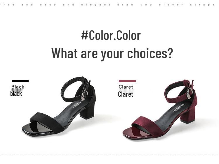 Women's Black Suede Thick Heeled One-Strap Sandals - 2024 Summer Casual Versatile High Heels