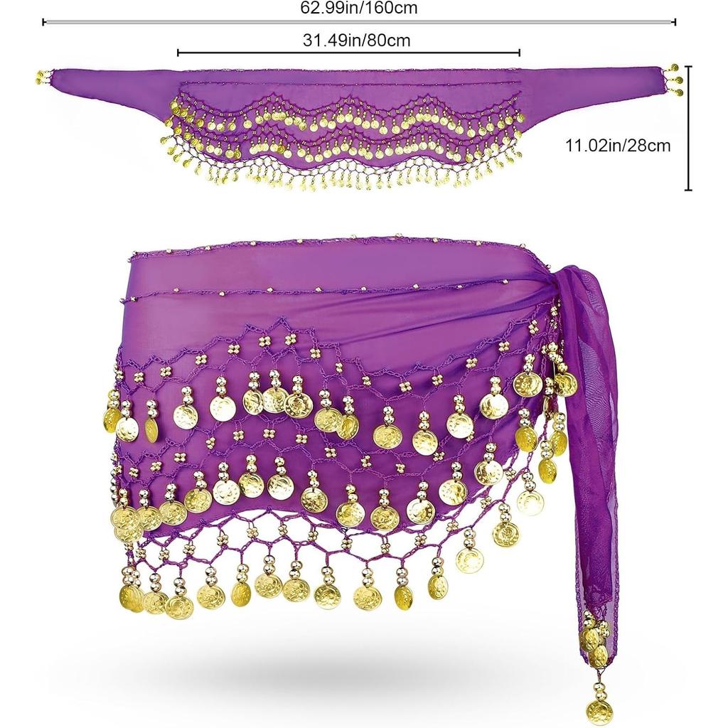 Belly Dance Hip Scarf, Women's Chiffon Belly Dancing Scarf with 128 Coins for Yoga Class