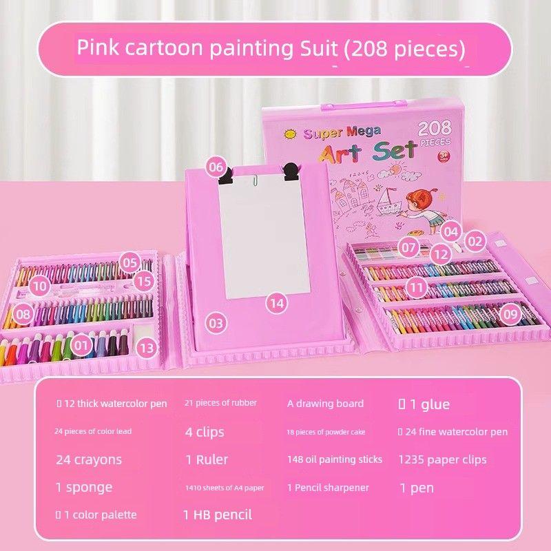 

Kids Painting Kit Girl Painting Tool Outfit Primary School Student Art Supplies Special Brush Watercolor Pen Gift Box Pink girl with easel 208 piece set