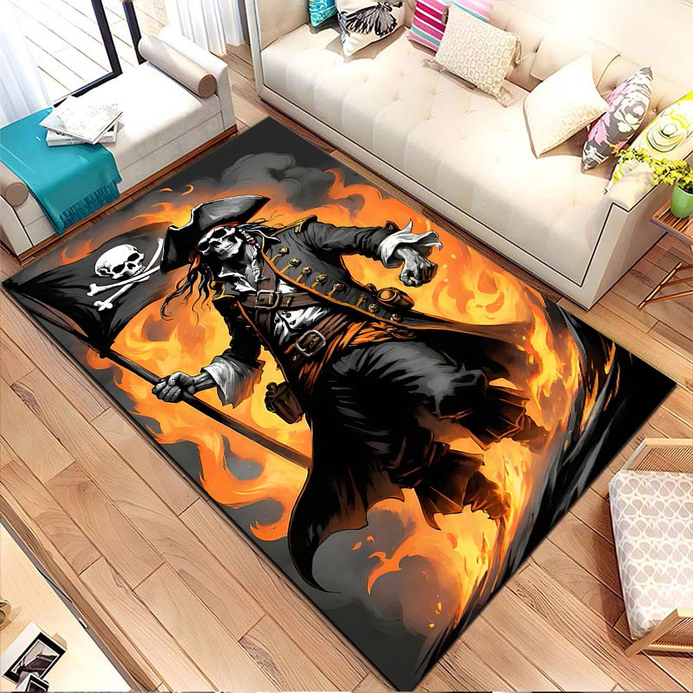 Flaming Skeleton Pirate with Flag Patterned carpet, non slip mat suitable for living room and bedroom sofas