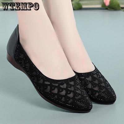 Black Hollow Diamond Mesh Sandals Women's Flat Sole Single Shoes Shallow Mouth Slip-on Soft Leather Breathable Lightweight Spring and Summer
