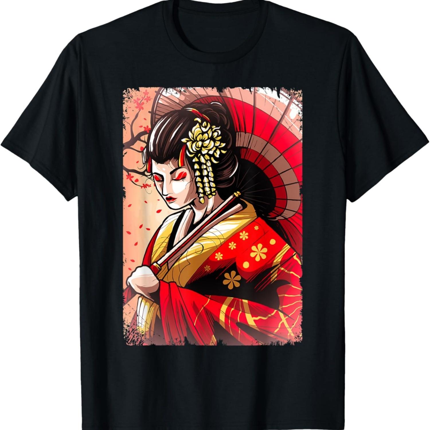 Женская футболка с изображением гейши и цветущей вишни S чёрный