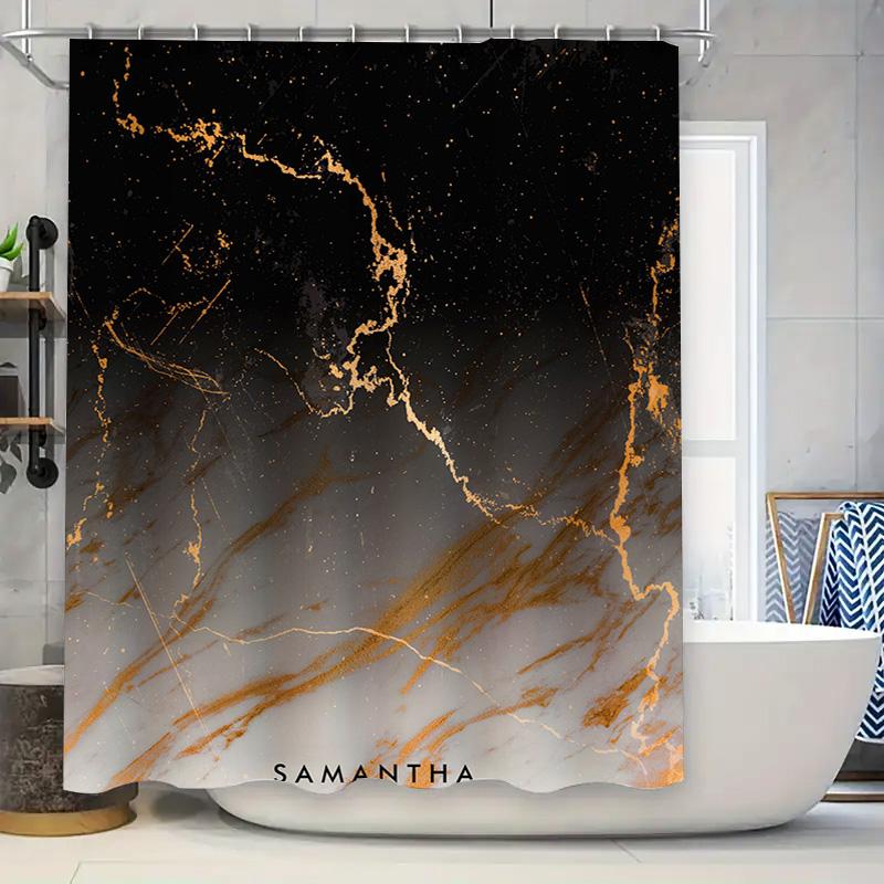 Luxury Marble Shower Curtain Set with Personalized Name 3D Printed Bathroom Decor for Home Decor in Grey Gold Color Size: Custom