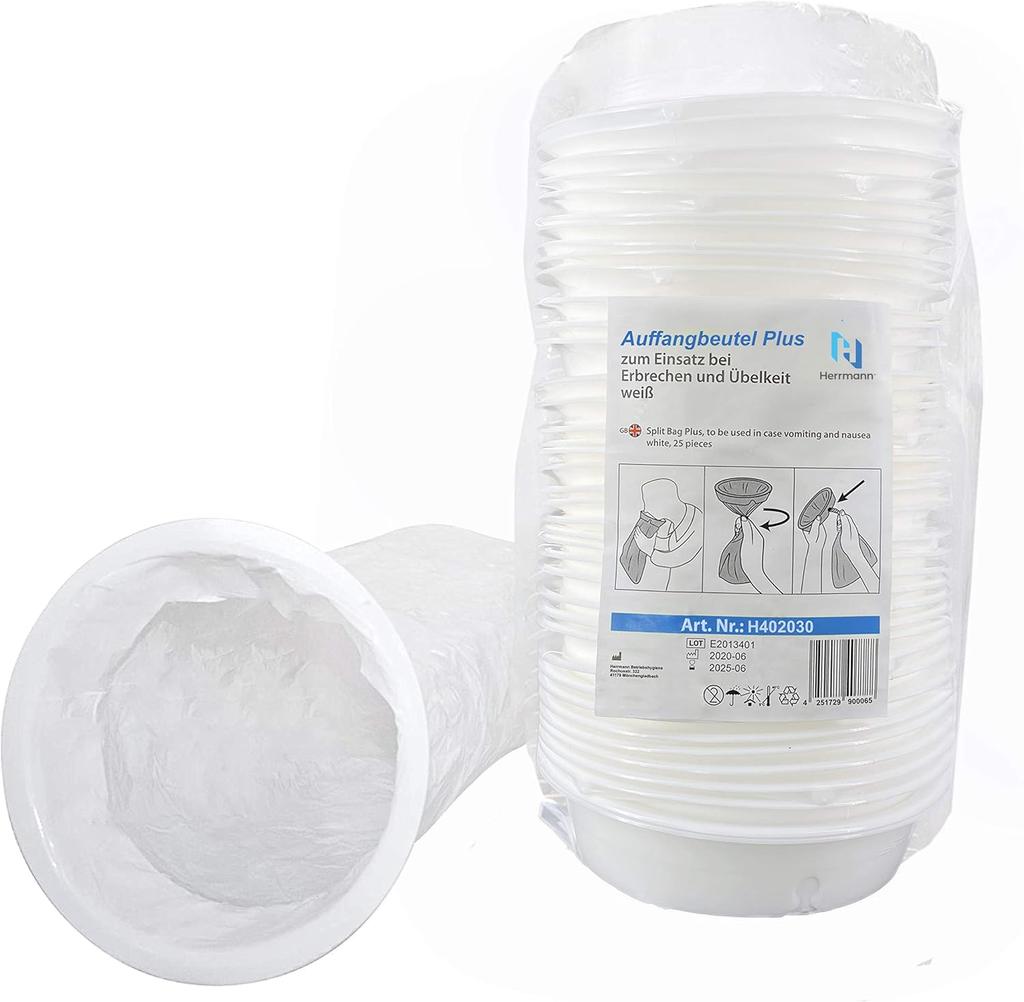 Spuckbeutel Plus mit Mundstück, 25er-Pack, Reißfest & Sicherer Kotzbeutel, Auslaufsicher, Verbesserter Verschlussring, 1000 ml Spuckbeutel