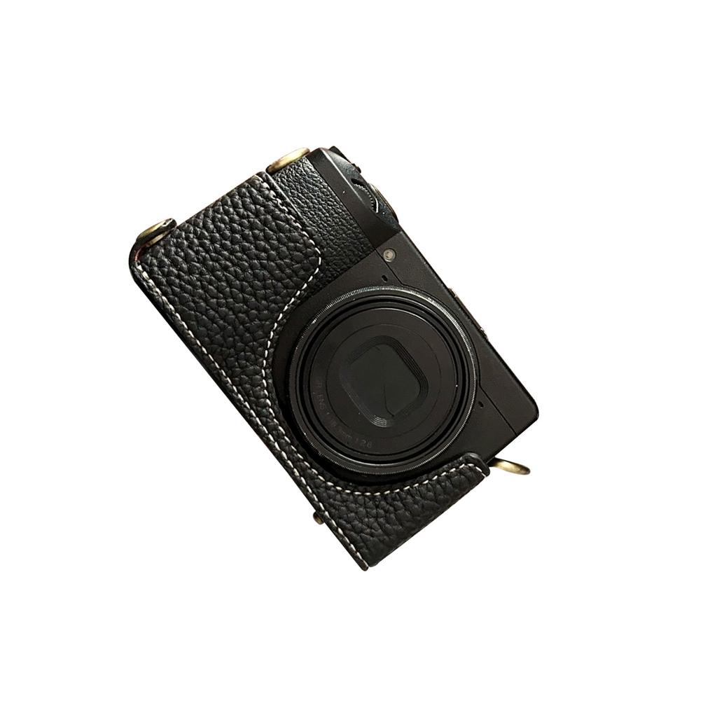 Vintage PU Leather Camera Bag Half Body Protective Cover with Strap for GR IIIx GR III GRIII GR3 Enhanced Grip Soft Lining 1Celsius4 Inch Thread Hole