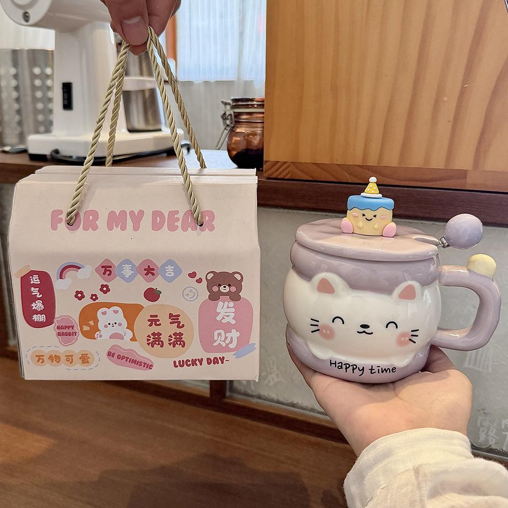 High Value Ins Ceramic Cup with Lid with Spoon Cute Mug Couple Home Coffee Breakfast Cup Children