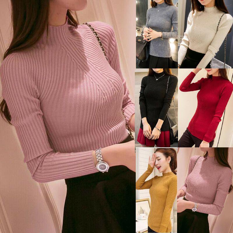 Elegant Women's Long Sleeve Knitted Sweater Turtleneck Jumper Slim Fit Pullover