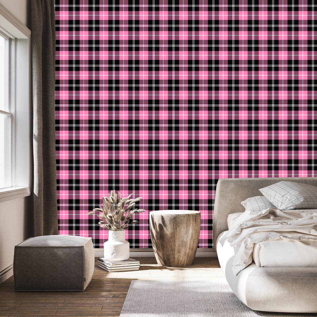 Pink Plaid Wallpaper, Purple, Powder Pink and Black, 50x1000