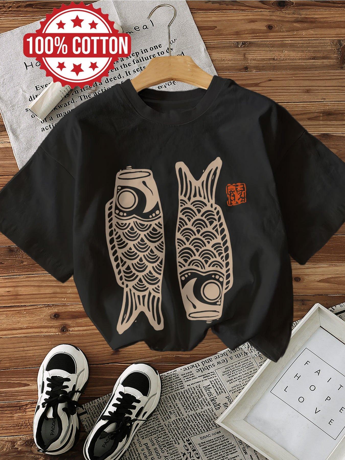 

Traditional Style Fish Stamp Printed Short-Sleeve Round-Neck Pure T-Shirt [Flat] 5XL різнокольоровий