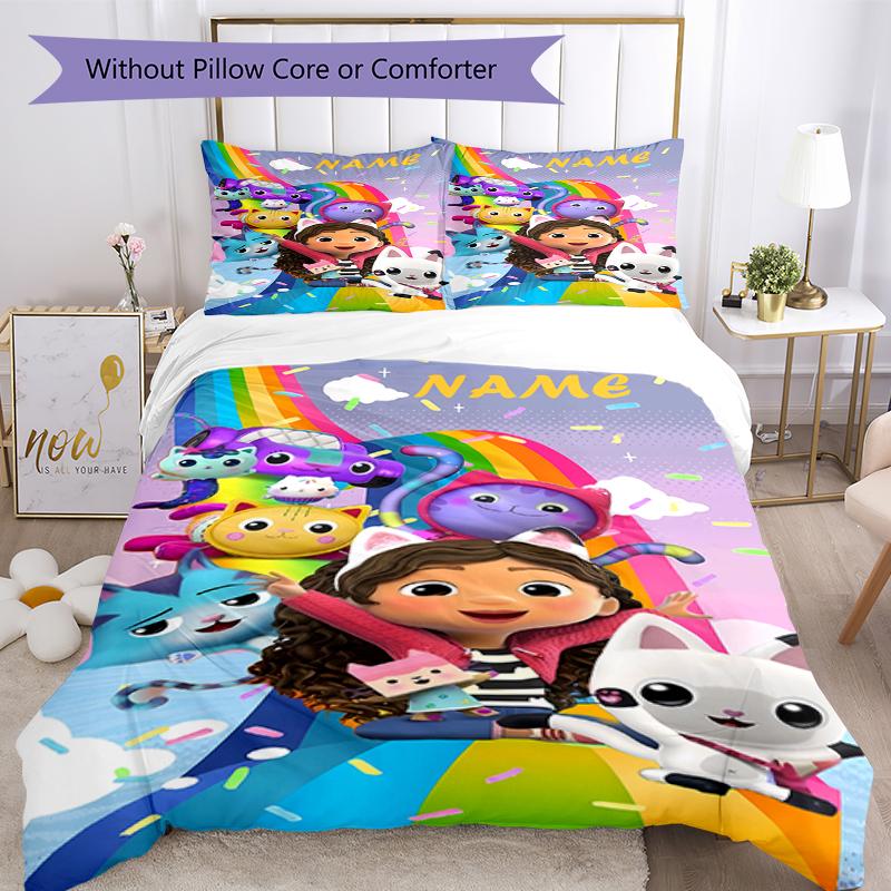 3pcs Custom Name Gabby's Dollhouse Bedding Set Duvet Cover Closure Includes 1 Duvet Cover & 2 Pillowcases, Soft and Comfortable for All Seasons.