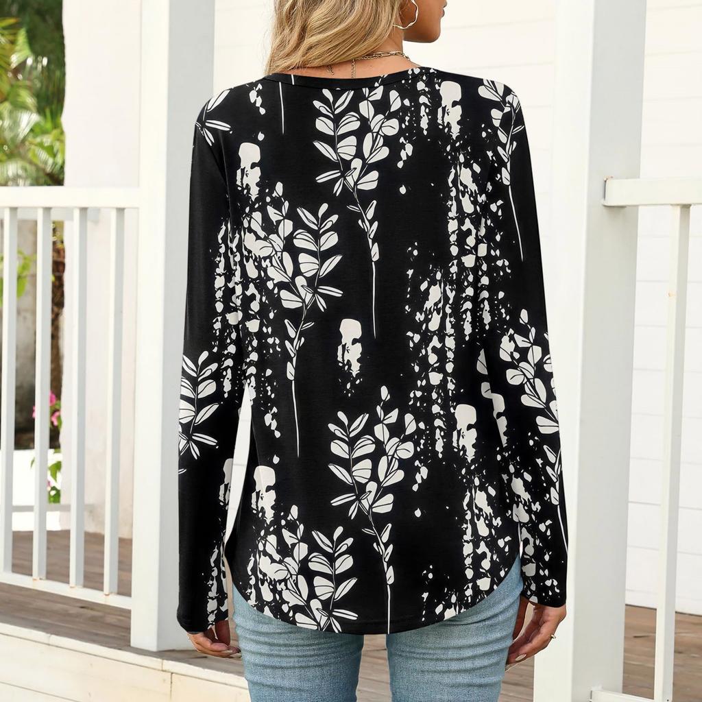 Damen Casual Mode T-Shirt, Vintage Blumendruck, Rundhalsausschnitt, Langarm-Oberteil.