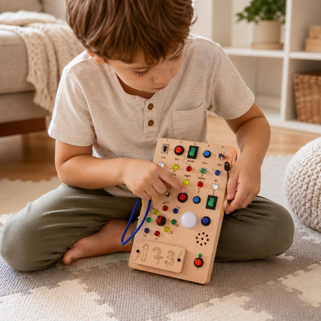 Montessori Wooden Busy Board with Light Switches and Sensory Toys Circuit Busy Board for Toddlers and Babies Over 1 Year Educational Activity Toy