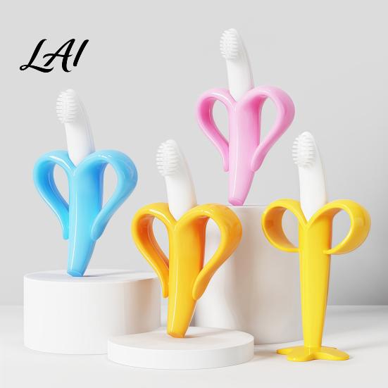 Baby Grasping Toys Banana Silicone Teether Toothbrush Chew Toy with Raised Particles Food-Grade Gum Massaging Teethers BPA-Free Oral Care