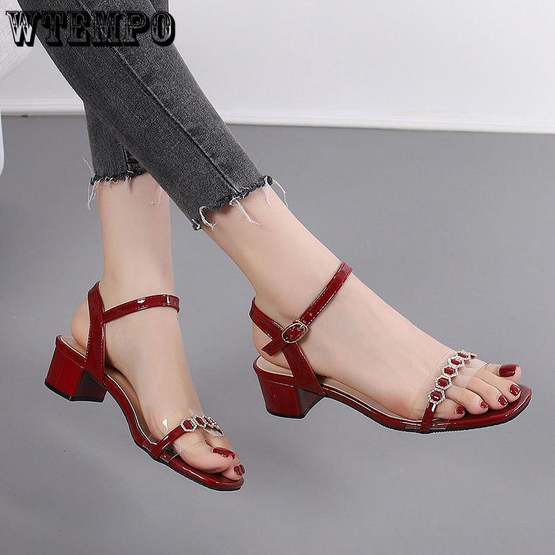 Women's Fashion High Heel Sandals Summer Leather Low Heel Simple Sexy Square Head Fairy Wind Sandals | Sequins Rhinestones A Buckle | PU Material