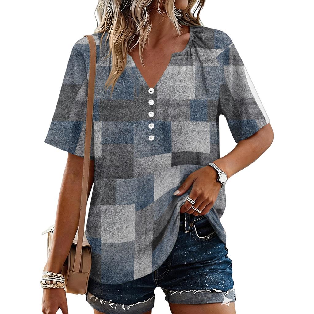 Women's Fashionable Casual Floral Print Button V-neck Short-sleeved Top