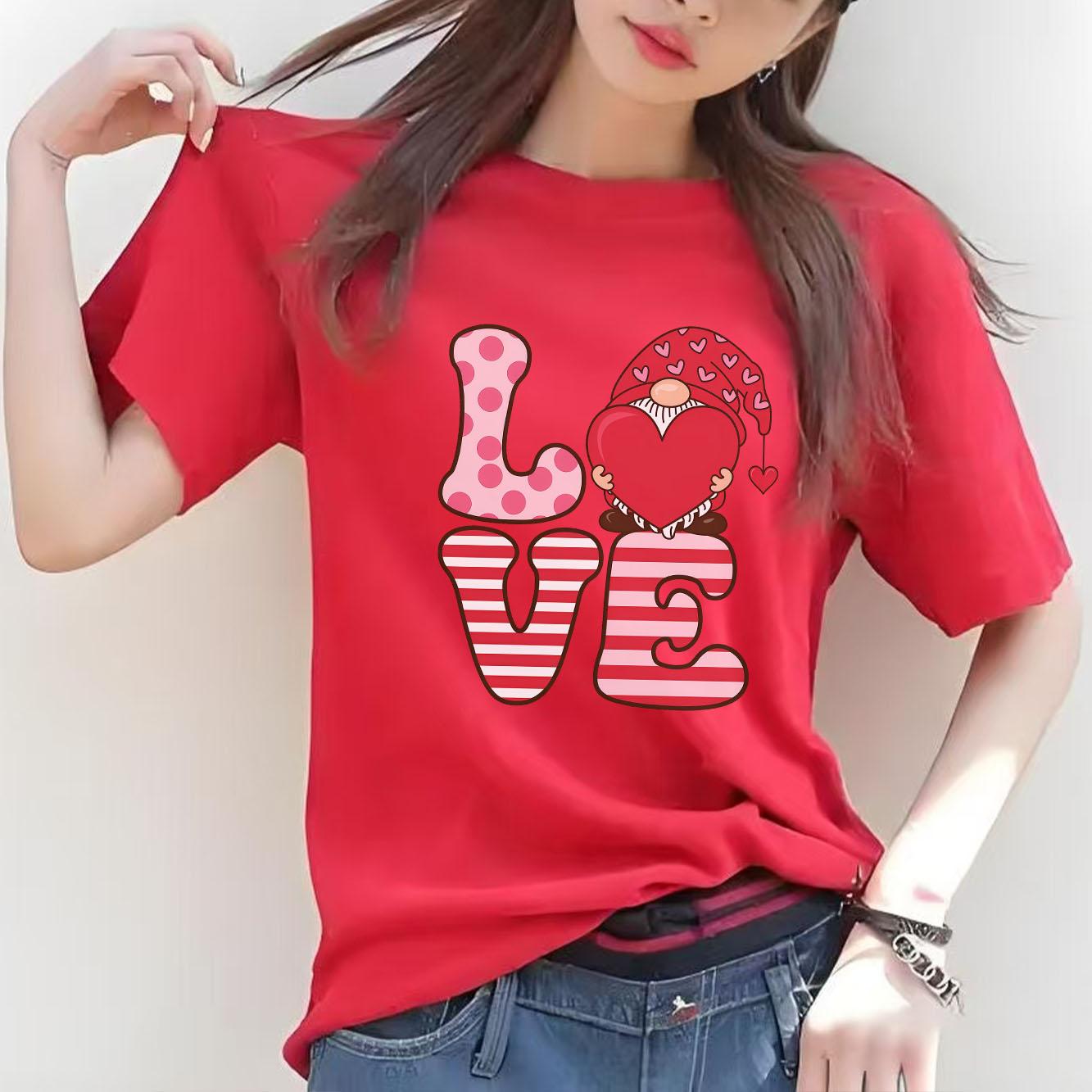 

Merry Christmas Santa Claus LOVE Printed Pattern Tshirt Short Sleeve Round Neck Versatile Womens Tshirt S