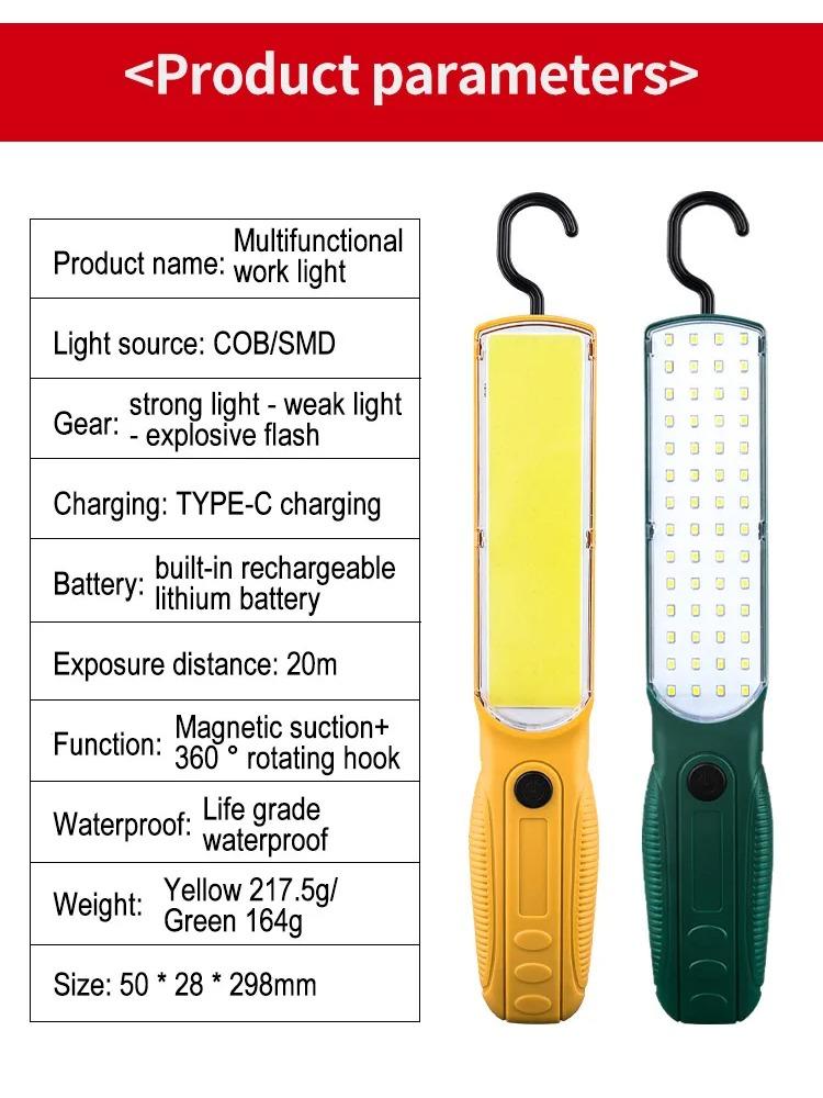 Strong LED COB Work Light Handheld Floodlight USB Rechargeable Portable Camping Repair Emergency Flashlight with Magnet Hook
