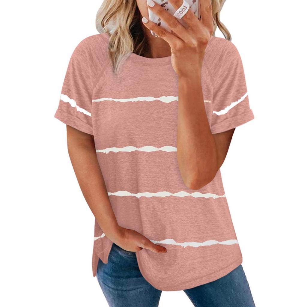 Sommer Neu Damen Gestreiftes Print Rundhals Kurzarm Lockeres T-Shirt, Lässige Oberteile für Damen Europäischer Amerikanischer Stil