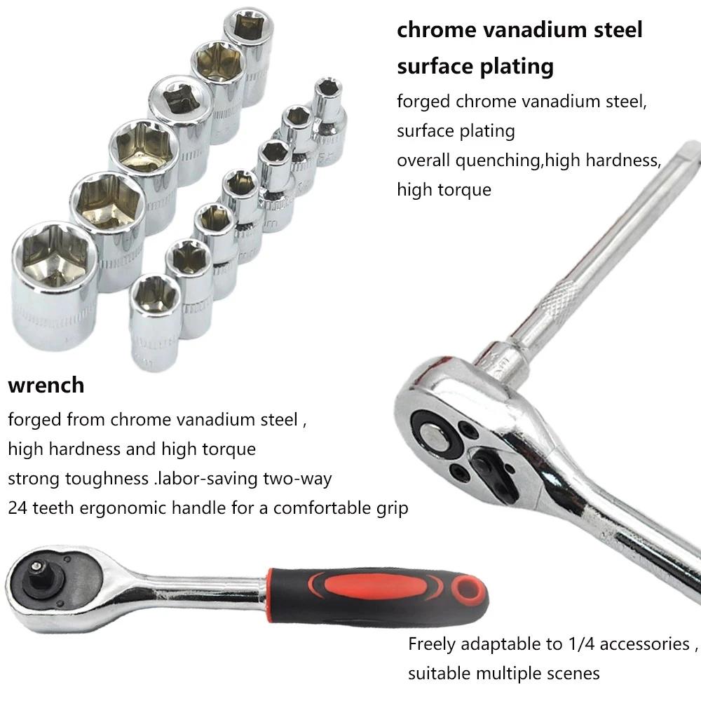46 stk universal bilreparasjonshåndverktøy pipenøkkelsett Nøkkelnøkkelsett Ratchet Sykkelreparasjonsverktøy Skrallenøkkel Spanne